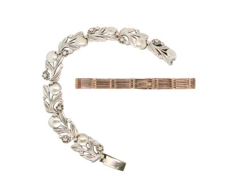 A silver Arts &amp; Crafts foliate bracelet by Bernard Instone, signed BI and Birmingham hallmarks for 1964, 17.5cm, and a fi