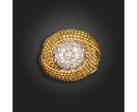 A diamond-set bombe ring, the centre set with graduated round brilliant-cut diamonds within surrounds of twisted intertwined 