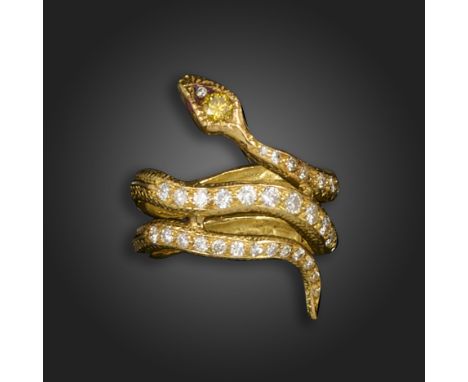 A diamond-set gold snake ring, set with graduated round brilliant-cut diamonds to the body and a fancy yellow diamond to the 