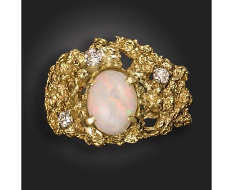 An opal and diamond ring, of abstract design, set with an opal cabochon and round brilliant-cut diamonds in textured gold, si