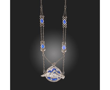 A Scottish provincial Arts &amp; Crafts enamel silver necklace by Alexander Ritchie, the central pendant modelled as a dove i