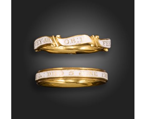Two 18th century gold mourning rings, one with white enamel decoration and inscription for Edw'd Dovey dated 1767, maker's ma