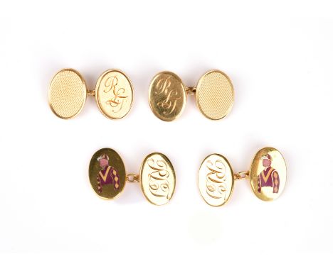 Two pairs of gold cufflinks, including a pair of oval gold cufflinks engraved RLJ to one link and with the bust of a jockey i