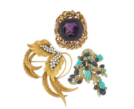 A gold abstract design brooch, set with diamonds, marquise and pear-shaped sapphires and turquoise cabochons, 5cm wide; an am