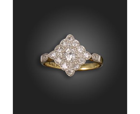 A diamond cluster ring, the lozenge-shaped ring head pavé-set with single-cut diamonds, with further diamonds to the shoulder