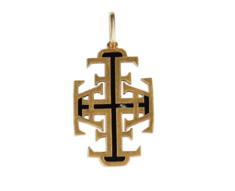 A 19th century enamelled gold cruciform pendant, the crossed composed of the initials A.E. with black enamel decoration (dama