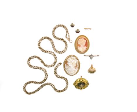 A quantity of jewellery, including; a fancy-link gold longuard chain; a diamond five-stone ring; a bar brooch with navette-sh