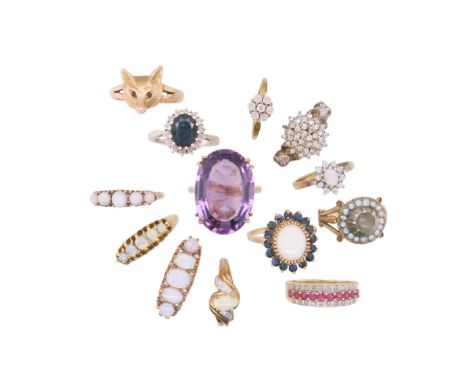 13 gem-set gold rings, including a sapphire and diamond cluster ring, an opal and diamond cluster ring, a George III seed pea