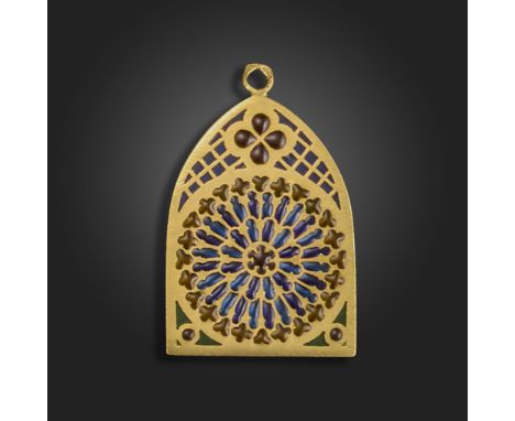 A French plique-ΰ-jour enamel gold pendant, designed as the stained glass rose window of Notre Dame in polychrome enamel, Fre