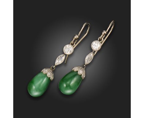 A pair of jade and diamond drop earrings, the articulated earrings set with an old circular-cut and marquise-shaped diamond, 