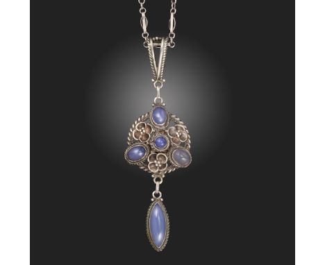 An Arts and Crafts silver and chalcedony pendant necklace, early 20th century, of Celtic inspiration, the pendant with floral