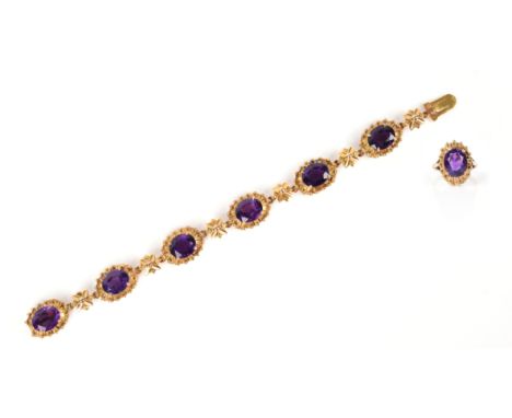 An amethyst and gold bracelet and ring, the 9ct gold bracelet mounted with six oval-shaped amethysts with matching amethyst-s