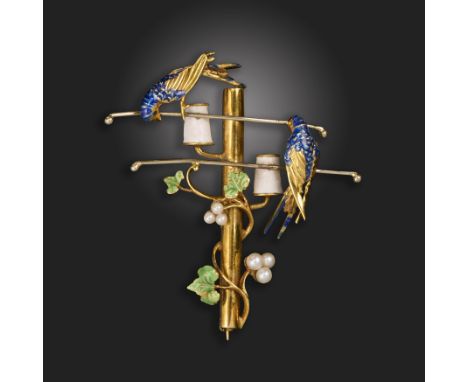 A gold and enamel novelty brooch, designed as birds perching on a telephone wire with a creeping vine, with polychrome enamel