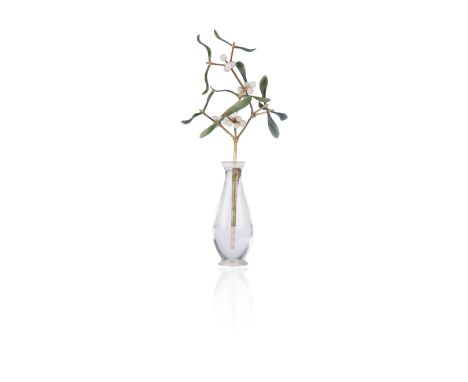 A gem-set model of a sprig of mistletoe, with white jade berries, nephrite leaves, gold stem, the rock crystal vase carved to