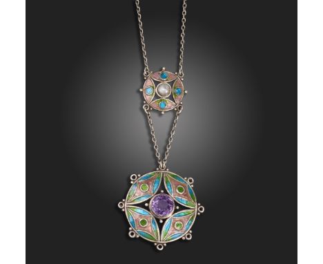 An Arts &amp; Crafts gem-set enamelled silver necklace, set with two circular silver pendants, each with shaded enamel and pe