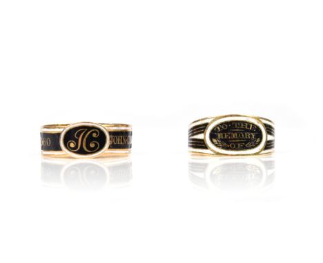 Two late 18th century gold mourning rings, one tapered band with black and white enamel decoration (damaged) reading 'To the 