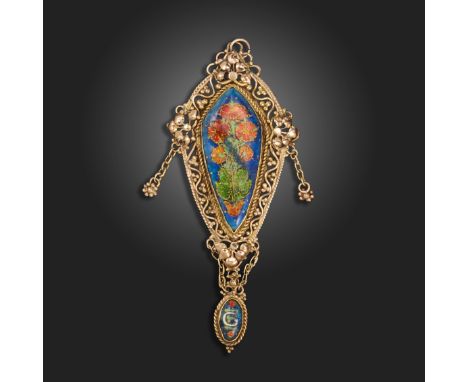 An Arts and Crafts enamel pendant, early 20th century, the elongated shield-shaped pendant with a design of stylised roses in