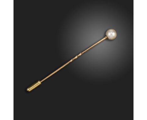 A natural pearl stick pin, set with a natural pearl in gold, 7cm high, fitted case by S. J. PhillipsAccompanied by report num