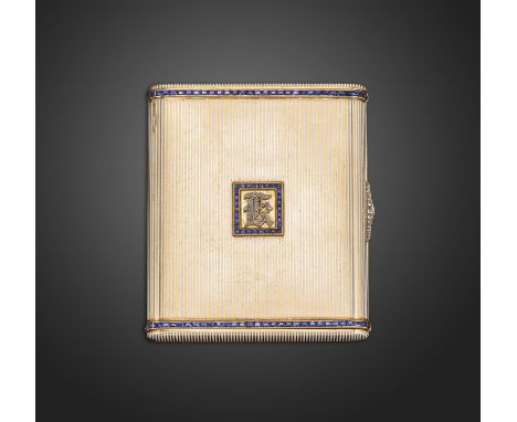 A sapphire and diamond-set enamelled gold compact by Cartier, with stripes of white enamel, the borders set with calibre-cut 