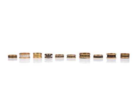 Ten gold mourning rings, late 18th - mid 19th century, each with enamel decoration (black and/or white, some damaged) and mou