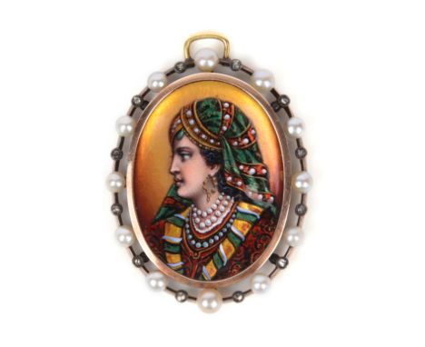 An enamel, pearl and diamond pendant, of oval outline, depicting a woman in Indian dress in translucent enamels, within a kni