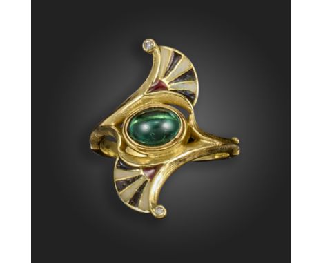 An Art Nouveau style gold ring, centred with a green paste, palmettes decorated with striped black and white enamel and two s