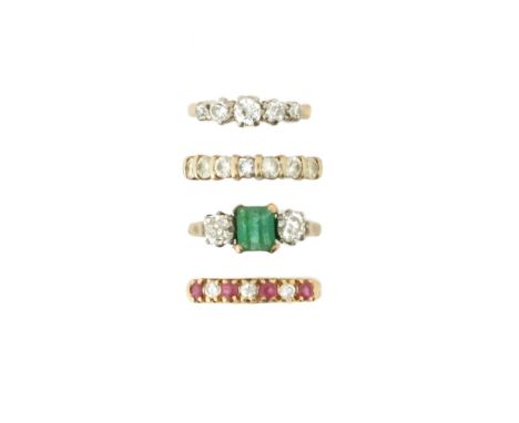 Four gem-set rings, including a diamond five-stone gold ring, a ruby and diamond-set seven-stone gold ring, a diamond seven-s