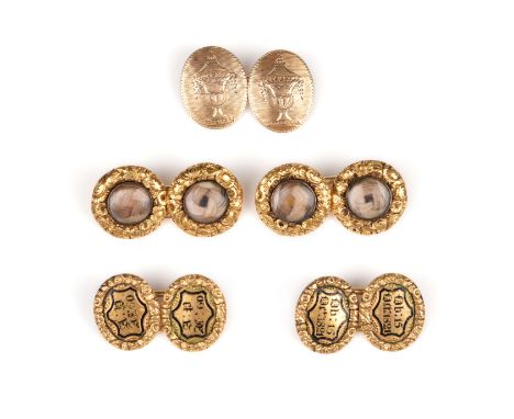 A pair of George III and a pair of George IV gold mourning cufflinks, one pair with circular links with foliate engraved bord