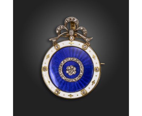 A 19th century enamel and diamond locket brooch pendant, the circular locket with Royal blue guilloché enamel decoration and 