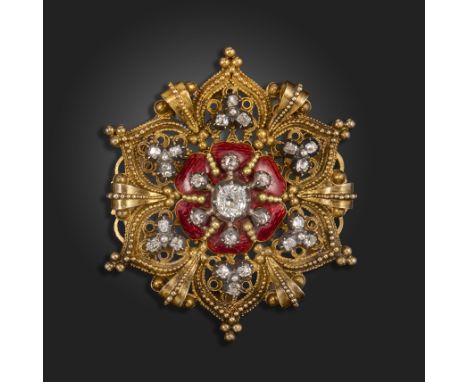 A 19th century enamel and diamond-set gold brooch, possibly converted, of openwork foliate design, the six petals formed as o