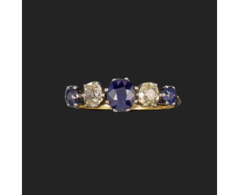 A sapphire and diamond five-stone ring, claw-set with three cushion-shaped sapphires and two old cushion-shaped diamonds in p