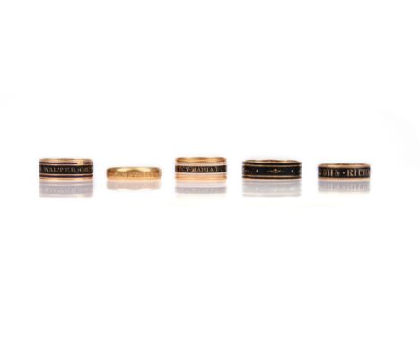 Five enamelled gold mourning rings, late 18th - mid 19th century, four with enamel decoration and mourning inscriptions dated