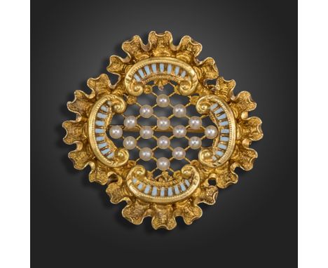 A late 19th century pearl and enamel brooch pendant, set with a seed pearl lattice within gold scrolls decorated with blue en