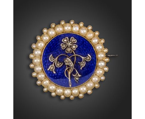 An early Victorian circular mourning brooch, the diamond set forget-me-not on a blue enamel ground with a seed pearl border, 