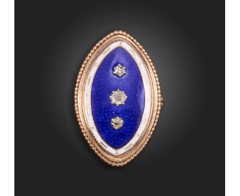 A George III diamond and enamel mourning ring, the navette-shaped ring with blue and white enamel decoration, applied with th