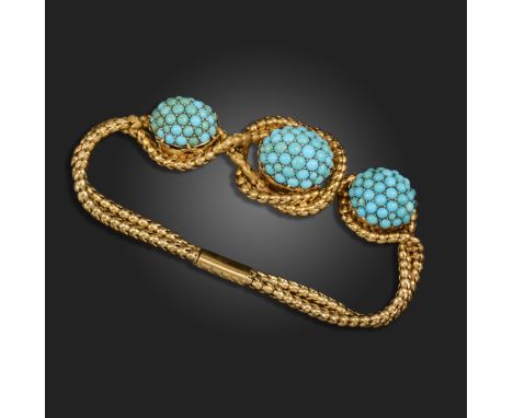 A Victorian turquoise-set gold bracelet, the three bombe sections pave-set with turquoise cabochons, with snake-link knot sur