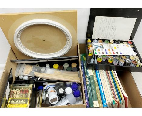 Quantity of acrylic, floquil and enamel modelling paints; and collection of books and booklets on railway modelling and gener