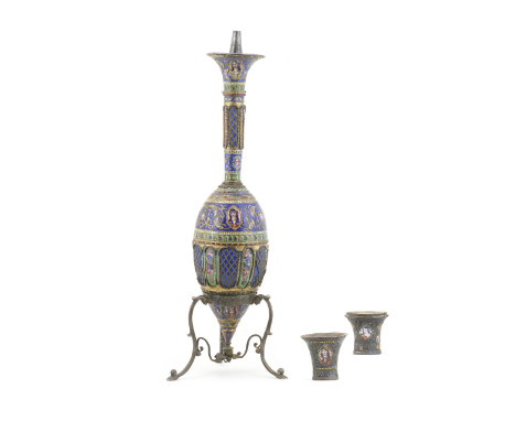 A Qajar enamelled brass ghalian Persia, 19th Centuryof inverted piriform with removable flaring cylindrical neck and tripod s