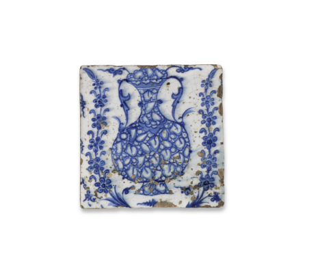 An unusual underglaze-painted pottery tile Probably Damascus, Syria, 16th Centuryof square form, decorated underglaze in coba