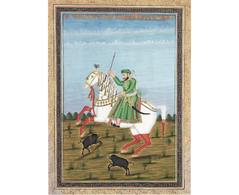A ruler on horseback hunting boar Central India, second half of the 19th Centurygouache and gold on paper, nagari inscription