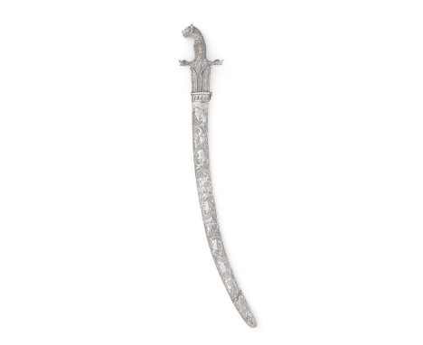 A large silver durbar sword India, circa 1900the single edged steel sword with two fullers, inlaid in brass to one side with 