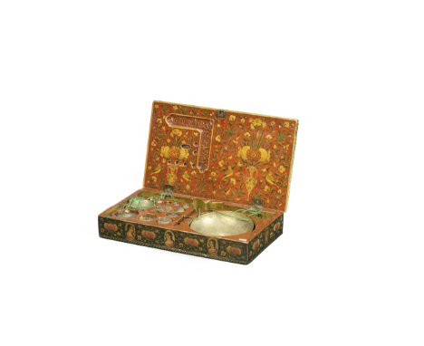A Qajar lacquer box containing a set of portable merchant's weights and scales Persia, dated AH 1242/ AD 1826-27rectangular, 