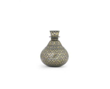 A brass inlaid alloy bidri huqqa base Deccan, 17th Centuryof piriform with bulbous body, with short flaring neck rising from 