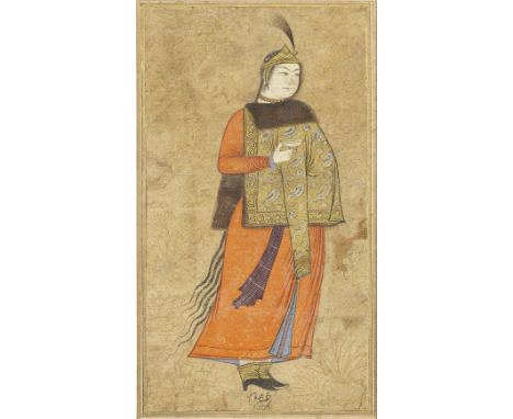 A maiden wearing a luxurious fur mantle, attributed to Muhammad Qasim Persia, Isfahan, dated AH 1004/AD 1596-1597gouache and 