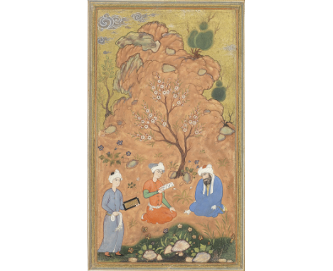 A scholar with his pupils in a rocky landscape Persia, probably Khorasan, circa 1600gouache and gold on paper, inner margins 