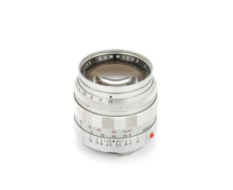 A Leitz Summilux f/1.4 50mm Lens, 1962, chrome, serial no. 1927477, body, G, elements, G-VG, some light internal haze and som