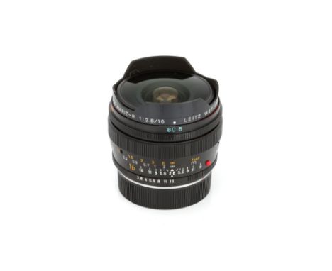 A Leitz Fisheye-Elmarit-R f/2.8 16mm Lens, 1975, black, serial no. 2755204, body, E, elements, VG-E, complete with service ca