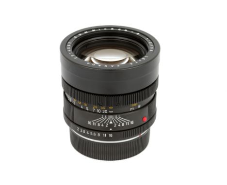 A Leitz Summicron-R f/2 90mm Lens, 1974, black, serial no. 2714057, body, E, elements, VG-E, some very light internal haze, c