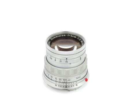 A Leitz Summicron f/2 50mm Lens, 1958, chrome, serial no. 1592659, body, VG, elements, VG-E, some very light internal haze, w