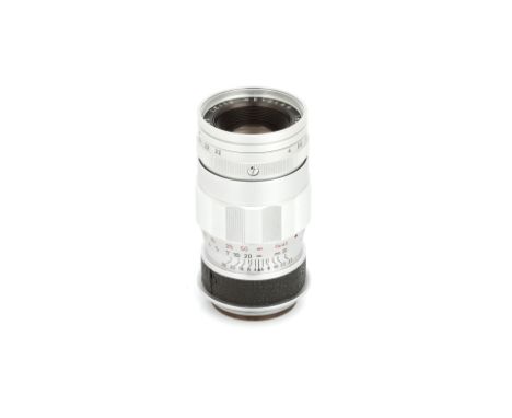 A Leitz Elmar '3 Element' f/4 90mm Lens, 1962, chrome, serial no. 1920755, body, E, elements, VG-E, some very light internal 